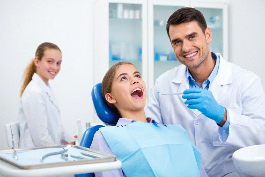 cabinet dentaire avec dentiste et assistante et patient