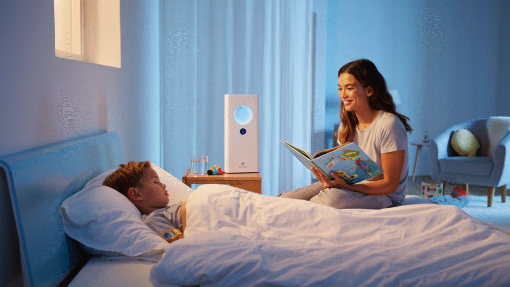 Chambre d’enfant réaliste avec purificateur d’air Dyson, maman lisant une histoire à son fils avant de dormir