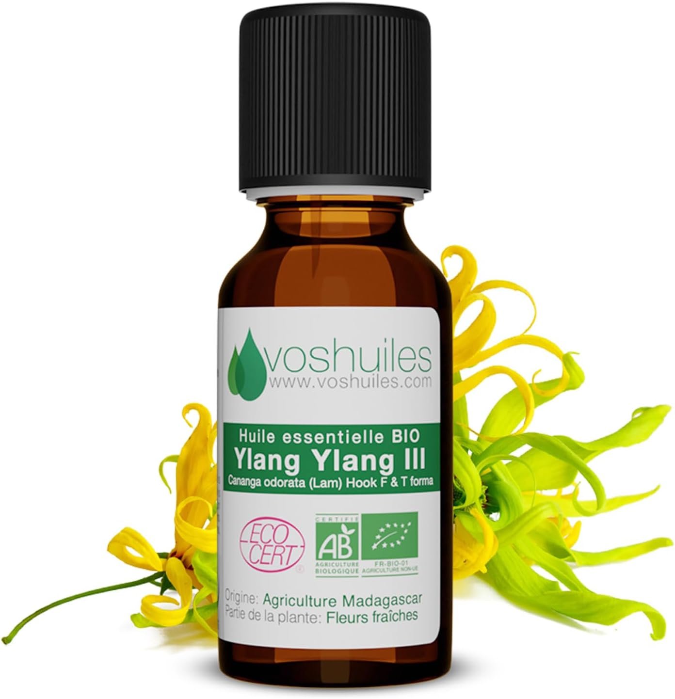 Bouteille d’huile essentielle d’ylang-ylang avec fleurs jaunes parfumées, utilisée pour calmer l’anxiété