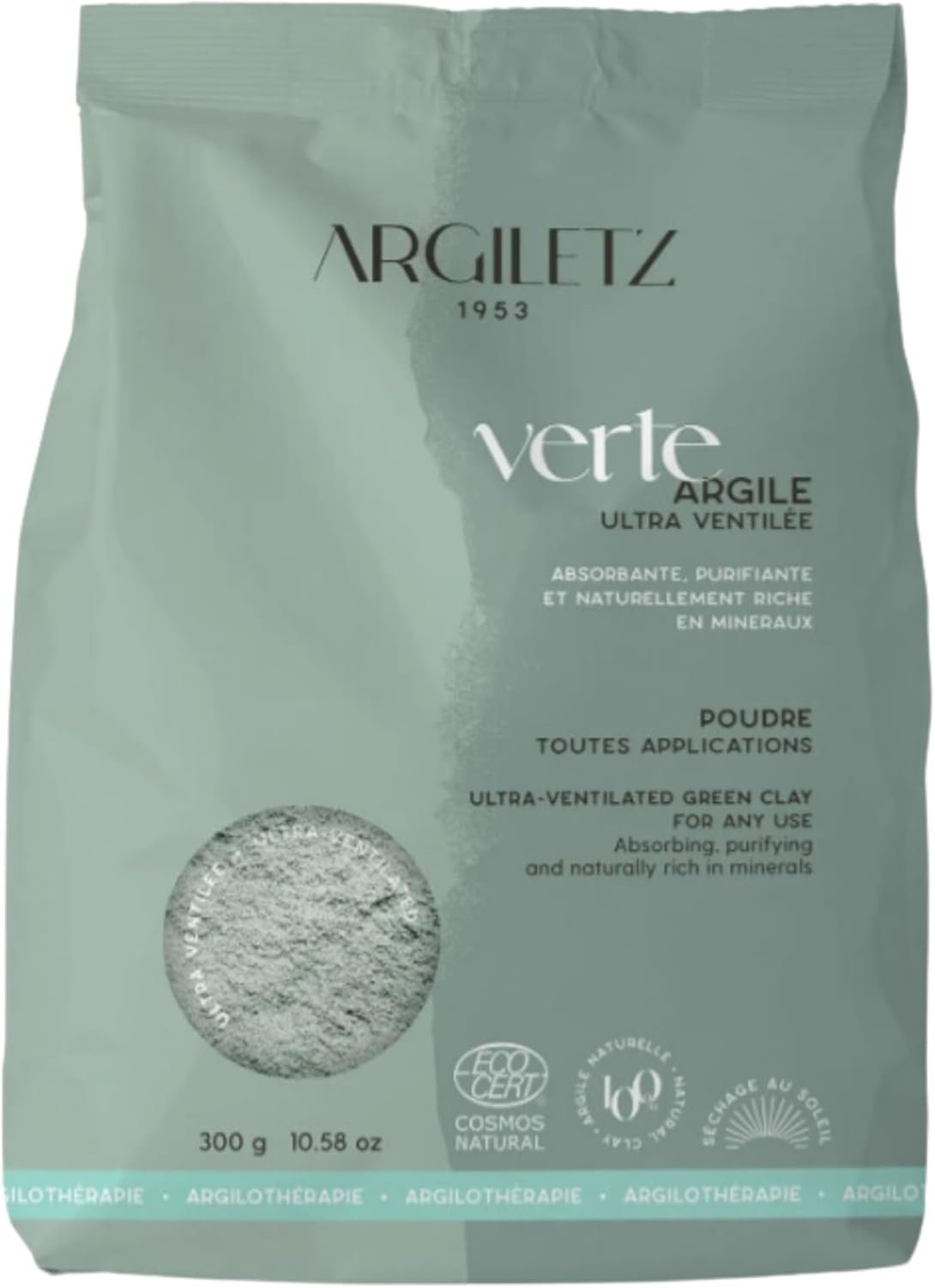 Argile verte ultra-ventilée Argiletz, purifiante et reminéralisante, idéale pour les cures internes et les cataplasmes. Aide à détoxifier l’organisme, rééquilibrer le microbiote intestinal et renforcer l’immunité naturellement.