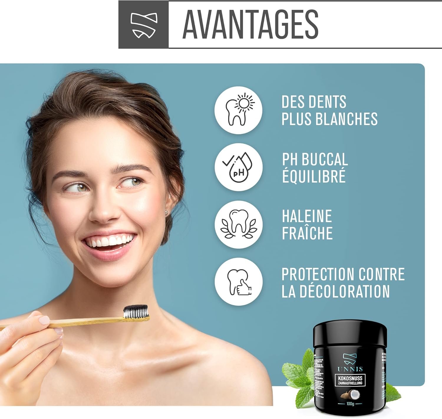 Blanchiment dentaire naturel au charbon actif de coco pour dents blanches