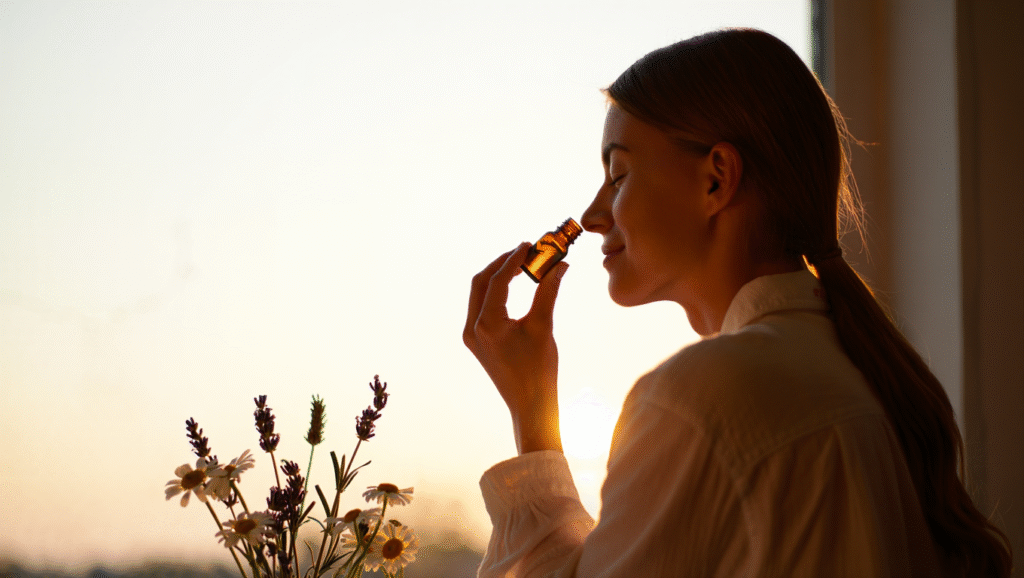 emme respirant un flacon d’huile essentielle près d’une fenêtre au coucher du soleil, entourée de lavande et camomille, illustrant l’aromathérapie pour la santé mentale.