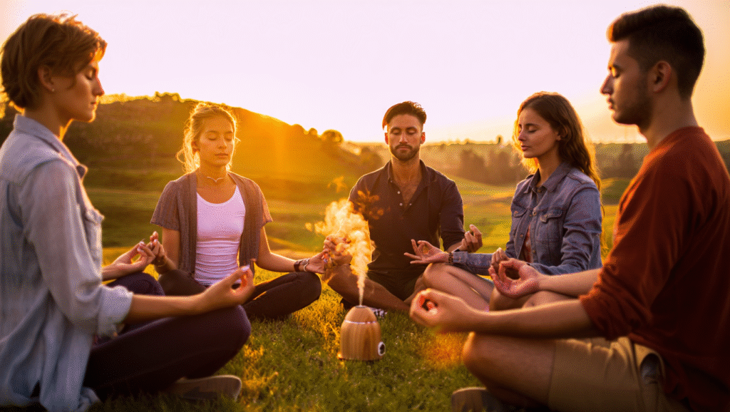 Scène cinématographique d’un groupe méditant en cercle autour d’un diffuseur d’huiles essentielles, symbole de bien-être collectif et de santé mentale apaisée.