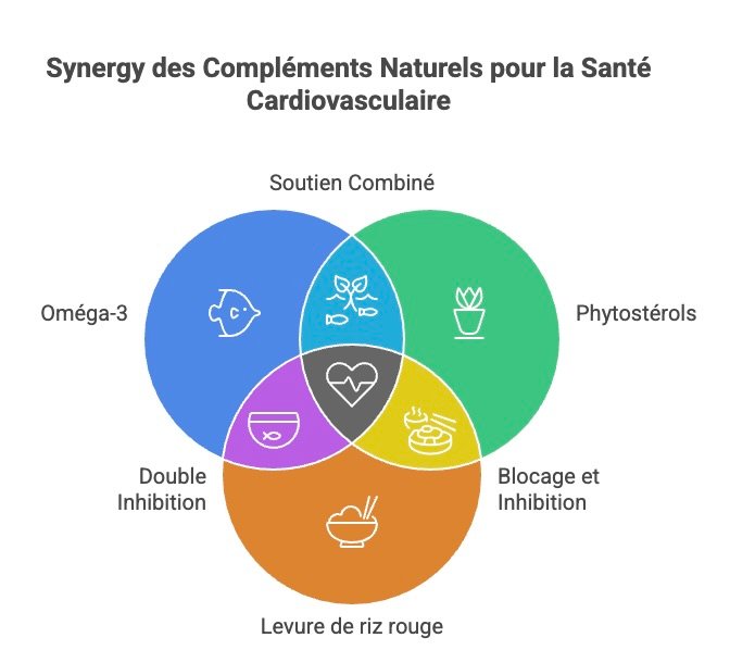 Schéma en cercles montrant la synergie des oméga-3, des phytostérols et de la levure de riz rouge pour améliorer la santé cardiovasculaire, avec leurs zones d’action combinées et complémentaires.