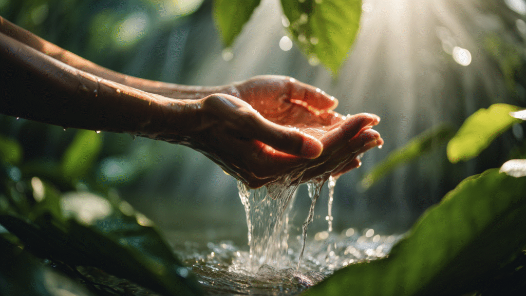 Mains recueillant de l’eau claire dans une lumière naturelle, symbolisant la libération, la fluidité et la légèreté retrouvée du corps.