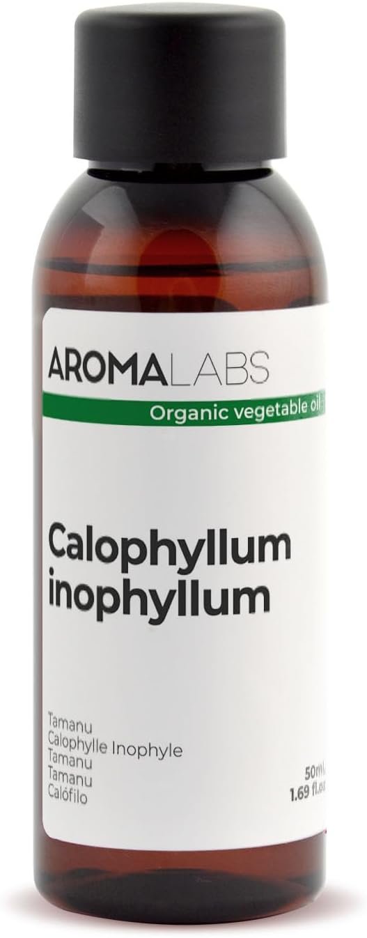 Flacon d’huile de calophylle appliquée sur la peau pour améliorer la circulation, réduire l’inflammation et pour le Drainage lymphatique 