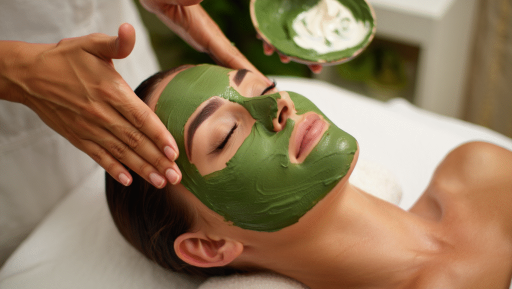 soin du visage à l’argile verte, masque purifiant appliqué en institut pour apaiser la peau et réduire l’inflammation