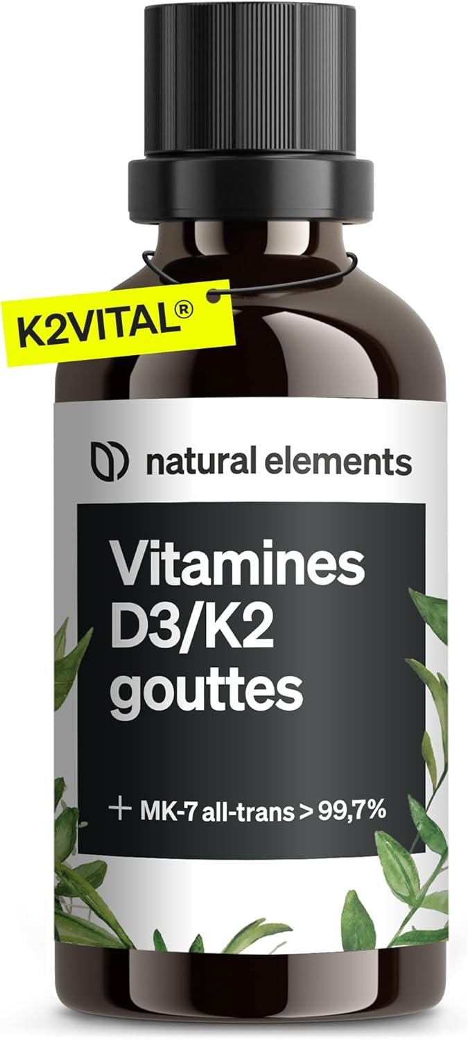 Vitamine D3 K2 pour soutenir l’ostéo-intégration d’un implant dentaire biocompatible, flacon minimaliste posé sur un fond doux et naturel.”