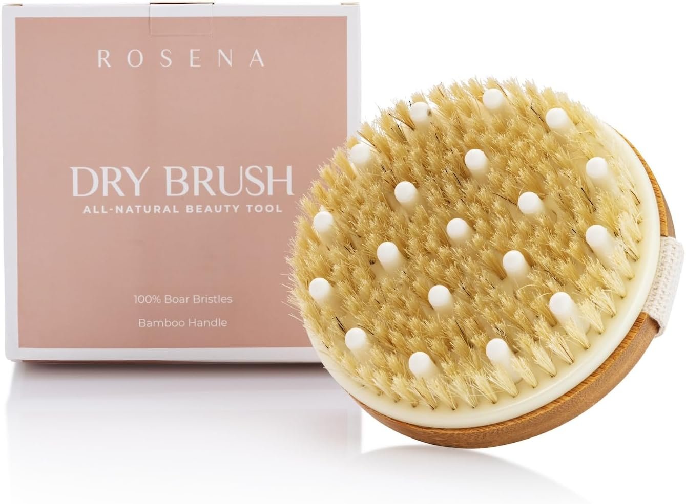 Brosse à sec en fibres naturelles utilisée sur la peau pour activer la circulation, lisser la peau et stimuler le drainage lymphatique