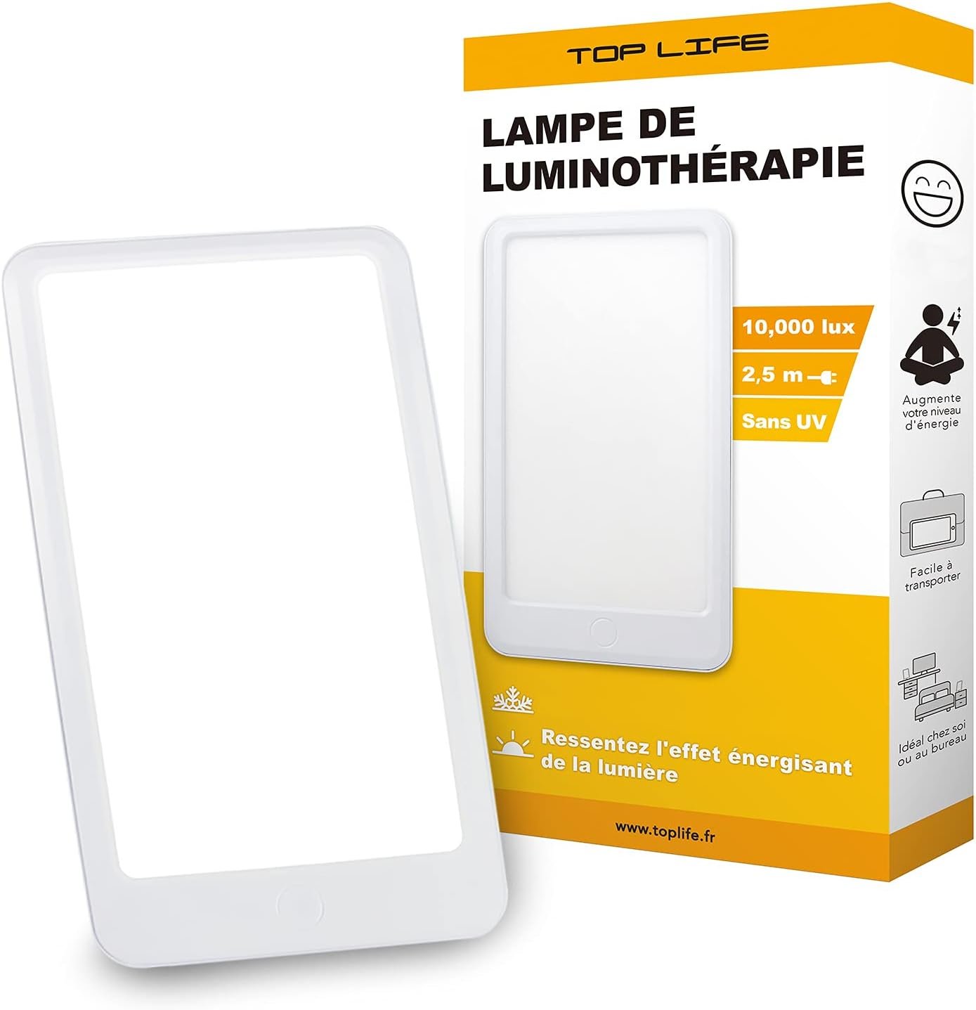 Lampe de luminothérapie 10 000 lux diffusant une lumière du jour à spectre complet pour améliorer l’humeur, soutenir l’énergie et aider le corps à rester équilibré en toute saison.
