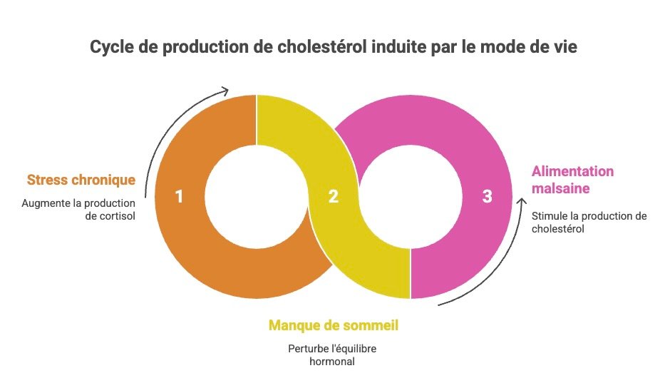 Schéma du cycle de production de cholestérol induite par le mode de vie, montrant l’impact du stress chronique, du manque de sommeil et d’une alimentation malsaine sur l’augmentation du cholestérol.