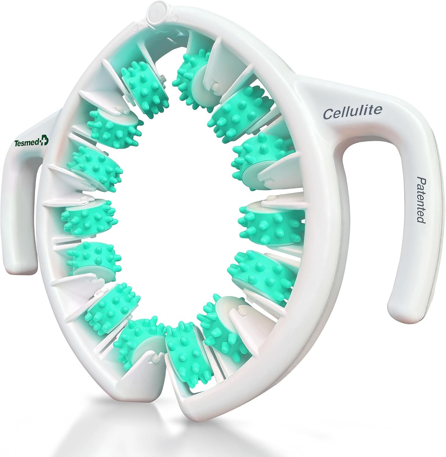 Masseur anti-cellulite breveté en utilisation sur les cuisses pour stimuler le drainage lymphatique et lisser la peau. 