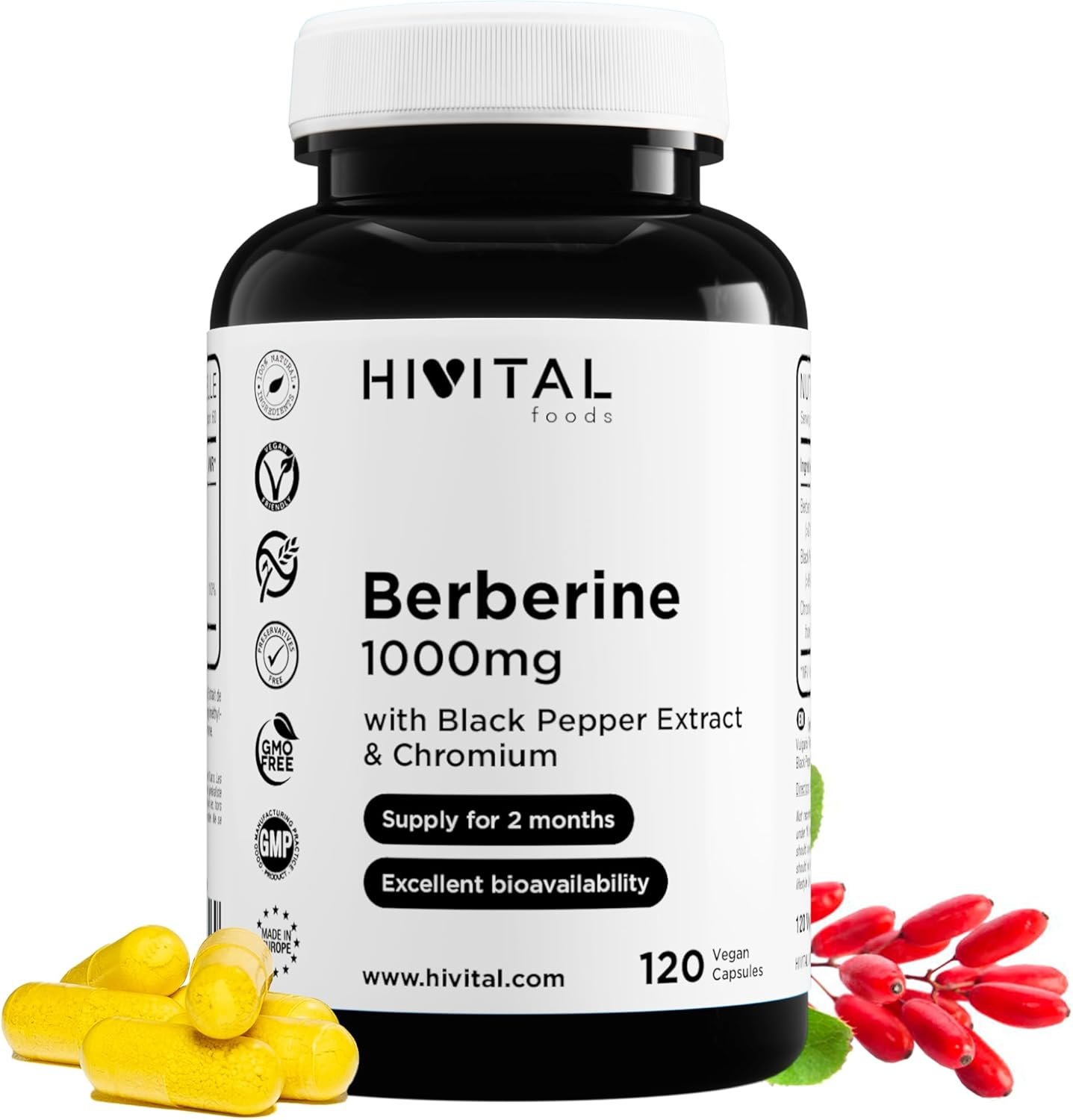 Gélules de berbérine Hivital 1000 mg, extrait végétal puissant pour améliorer la sensibilité à l’insuline et stabiliser la glycémie.”