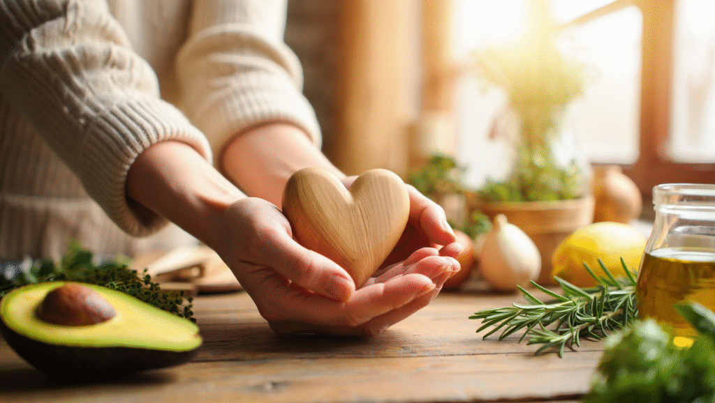 Mains tenant un cœur en bois symbolisant la santé cardiovasculaire, entouré d’avocat, herbes et huile d’olive, représentant une alimentation naturelle pour réduire le cholestérol.