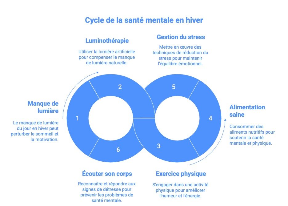Infographie représentant le cycle de la santé mentale en hiver : manque de lumière, luminothérapie, gestion du stress, alimentation saine, exercice physique et écoute du corps, illustrés sous forme de deux cercles reliés.
