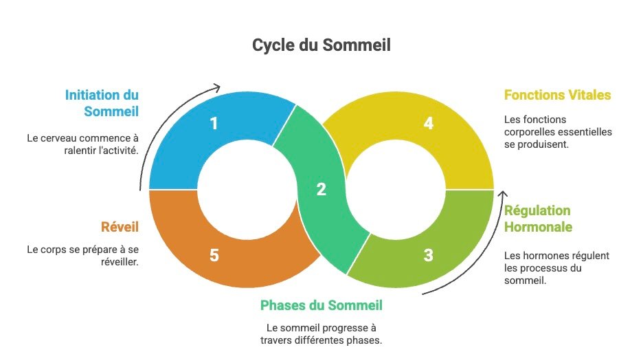 Schéma du cycle du sommeil montrant les différentes phases, l’initiation, la régulation hormonale et les fonctions vitales impliquées dans un sommeil réparateur.
