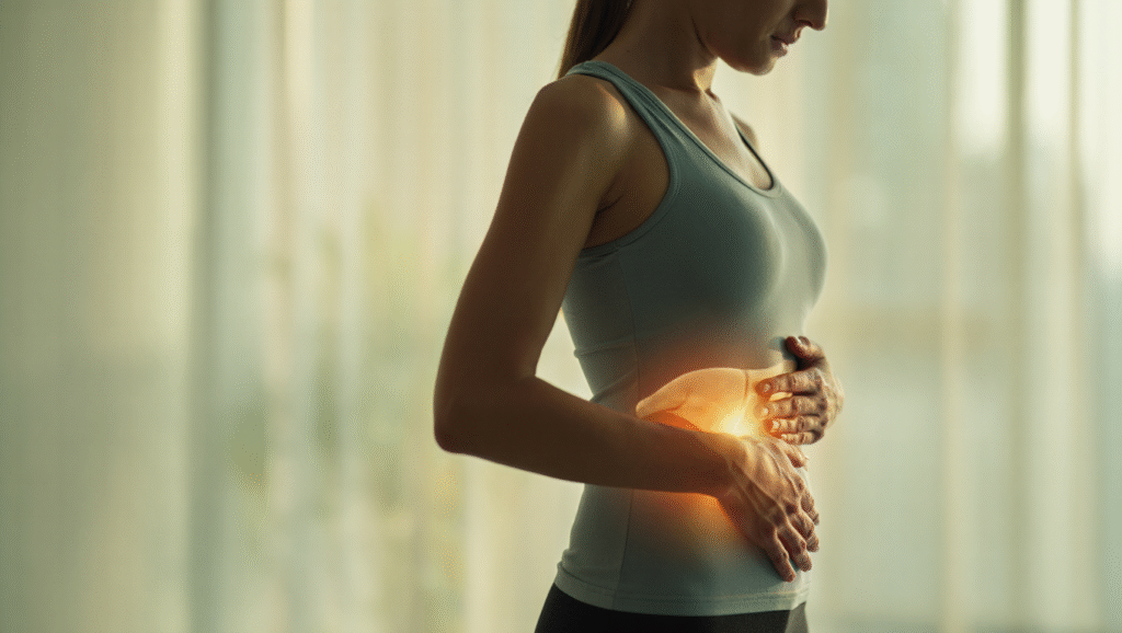 Image symbolique du foie humain – lumière dorée sur la zone hépatique, symbole de détox et de bien-être digestif – Santé au Nature