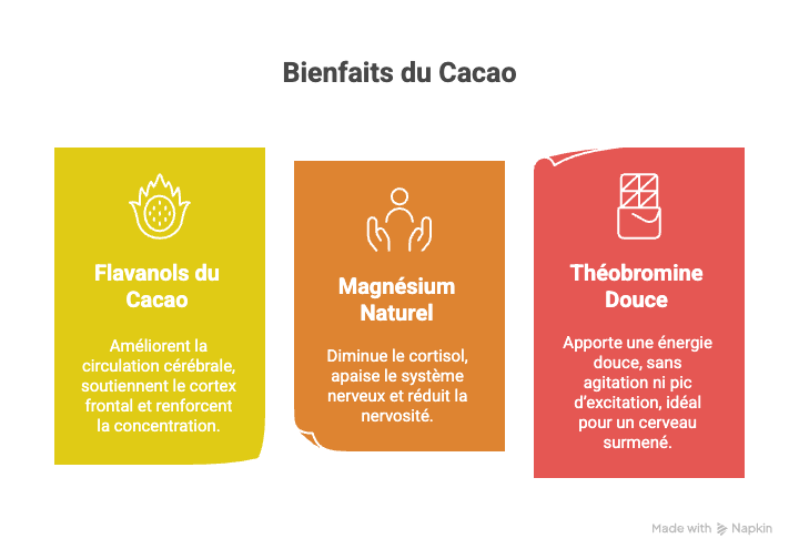 Infographie sur les bienfaits du cacao : flavanols améliorant la concentration, magnésium naturel réduisant le cortisol, et théobromine apportant une énergie douce idéale pour un cerveau surmené.