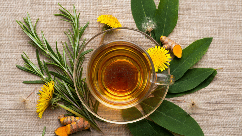 Infusion naturelle détox du foie avec romarin, curcuma et pissenlit – digestion légère et bien-être – Santé au Naturel