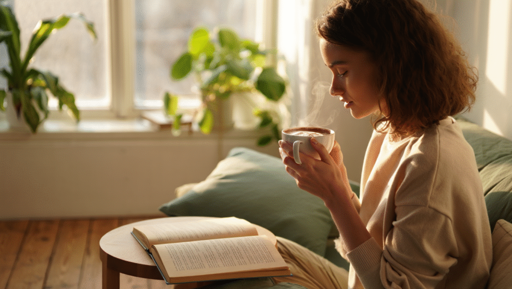 Femme apaisée savourant une tasse de cacao chaud dans la lumière du matin, symbole de détente, de nutrition du calme et de bien-être mental.