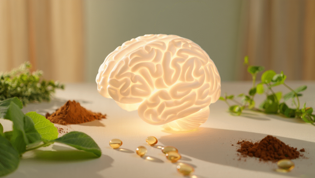 Cerveau lumineux entouré de plantes, de poudre de cacao et de gélules illustrant la nutrition naturelle du calme pour apaiser le cerveau surmené.