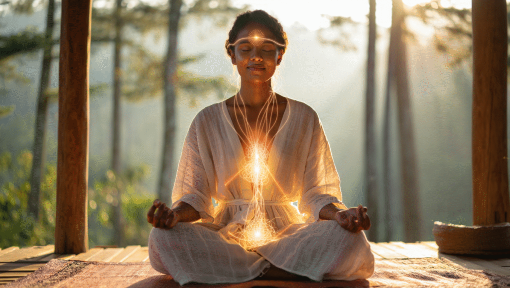 Femme en méditation dans la nature, visualisation lumineuse du lien entre intestin et cerveau pour apaiser le système nerveux.