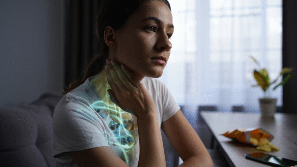 Femme touchant sa gorge avec une visualisation lumineuse du système lymphatique, illustrant une congestion ou un ralentissement lymphatique.