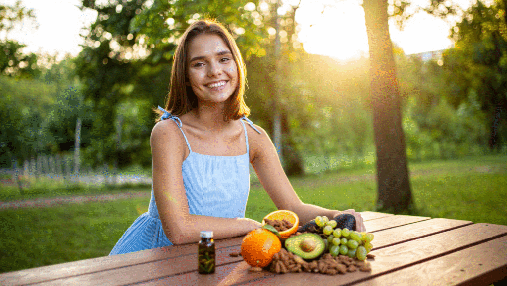 Jeune femme souriante en plein air, entourée d’aliments naturels et de lumière chaude, symbolisant la guérison intérieure et le soutien naturel après un implant dentaire biocompatible.