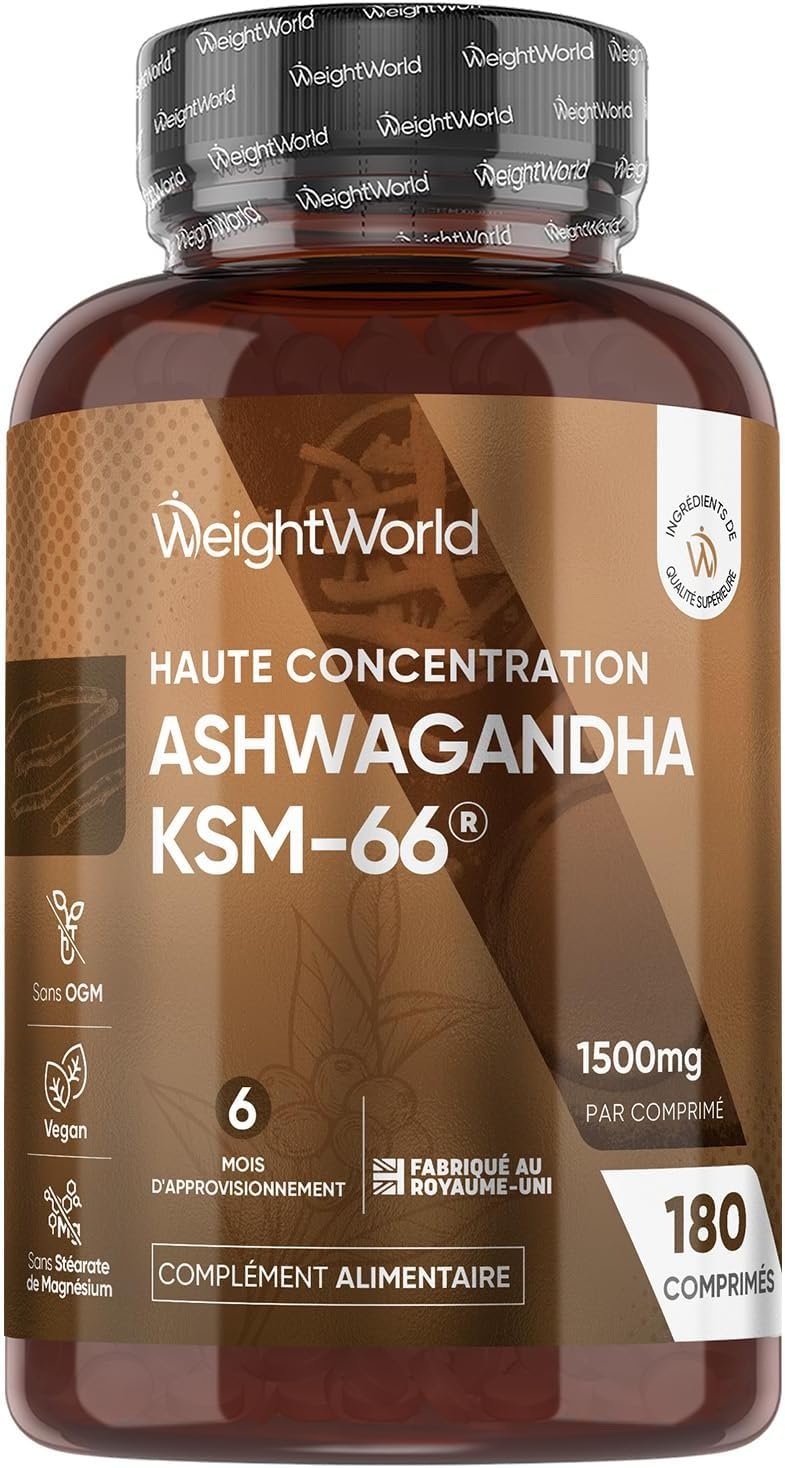 Flacon de gélules d'Ashwagandha Bio KSM-66, une plante adaptogène utilisée pour réduire le cortisol et le stress.