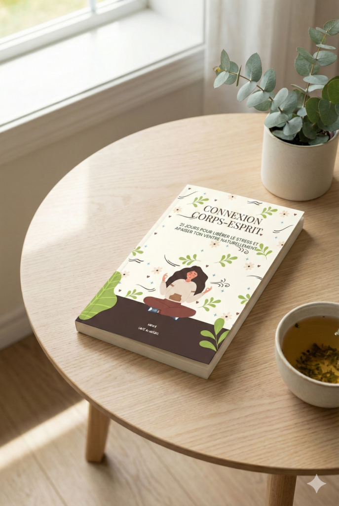 Mockup du livre « Connexion Corps–Esprit : 21 jours pour libérer le stress et apaiser ton ventre naturellement », posé sur une table en bois clair avec une tasse de thé et une plante verte, dans une ambiance lumineuse et apaisante.