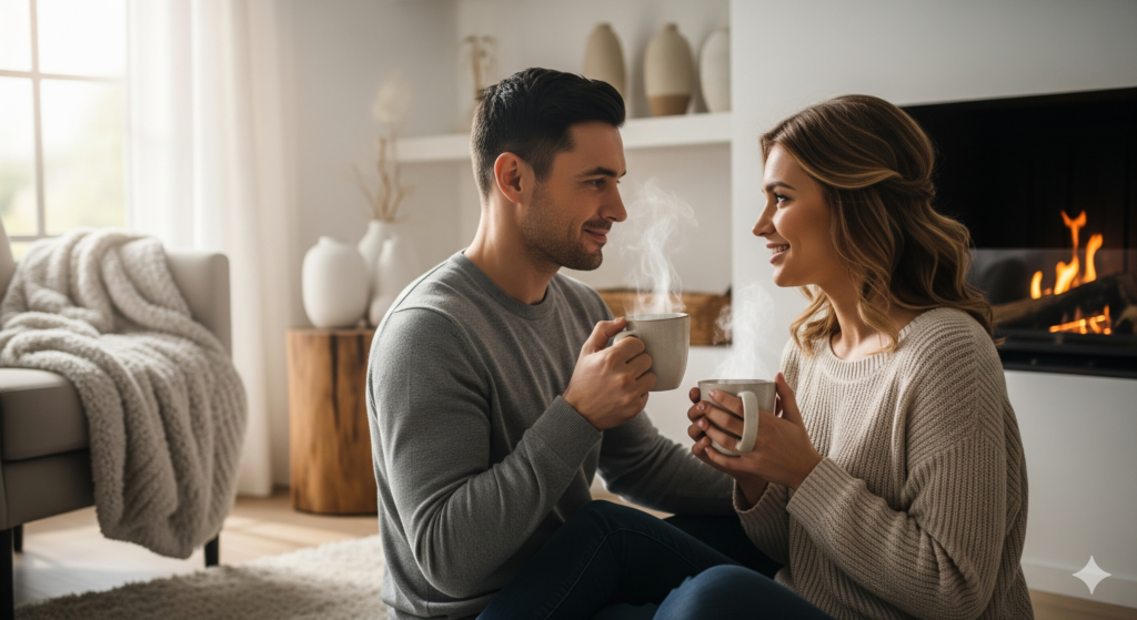Couple apaisé buvant un café au champignon adaptogène devant une cheminée, symbolisant la régulation du système nerveux et la sérénité du rituel matinal.