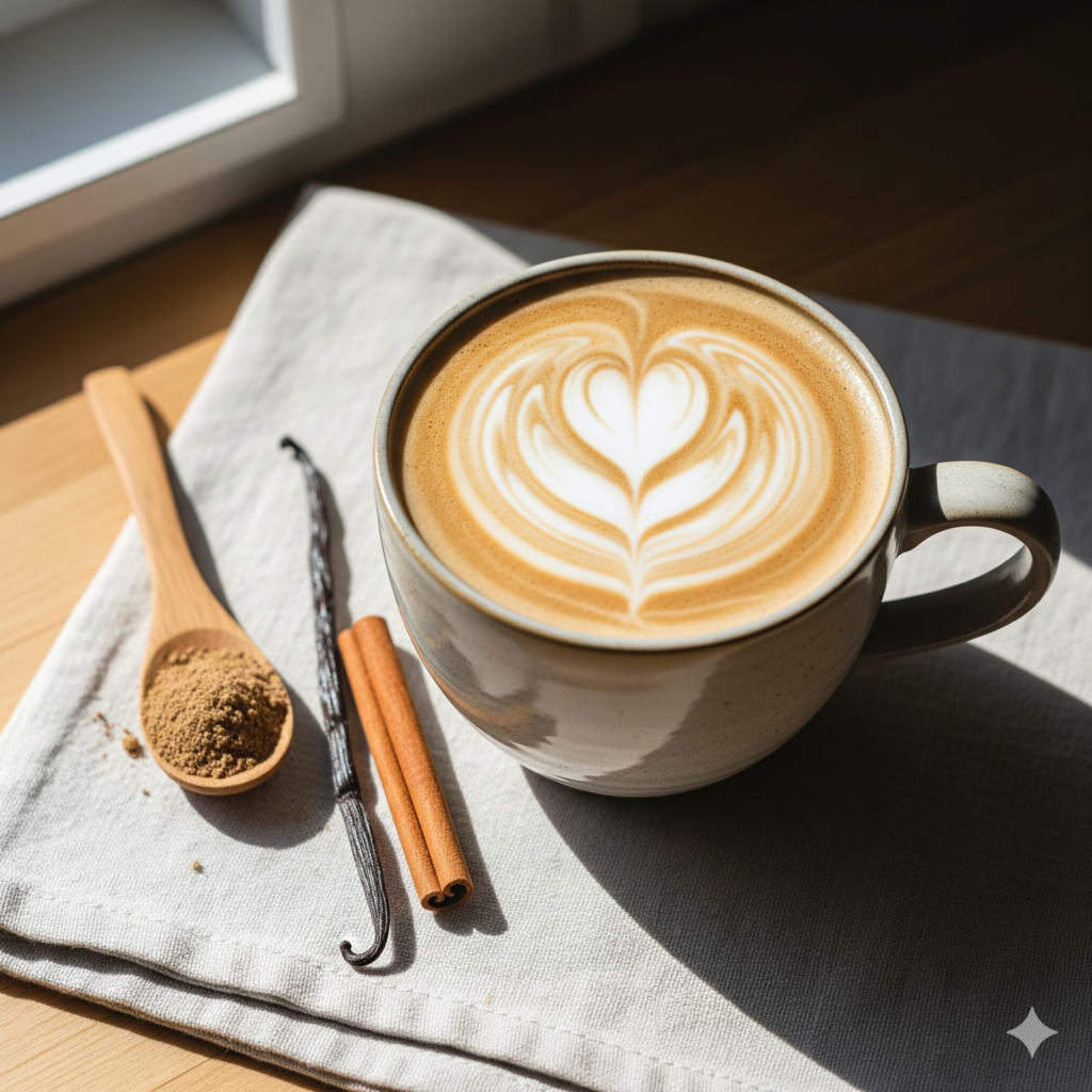 Vue de dessus d'un Latte Lunaire onctueux à la poudre de café au champignon adaptogène, accompagné d'une gousse de vanille et d'un bâton de cannelle sur un linge en lin.

