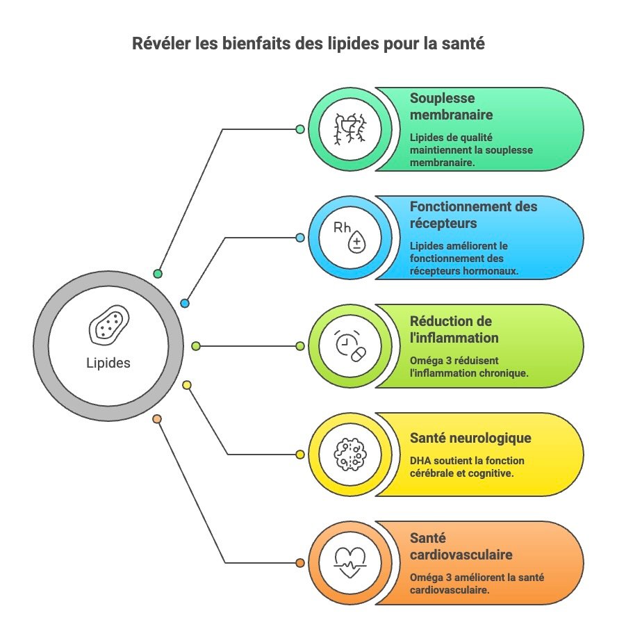 Infographie expliquant les bienfaits des lipides et des oméga 3 sur la souplesse membranaire, l’inflammation, le cerveau et la santé cardiovasculaire