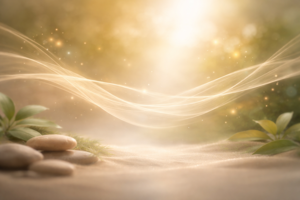 Image apaisante symbolisant l’équilibre intérieur, la vitalité et la fluidité du corps, avec lumière douce et formes naturelles